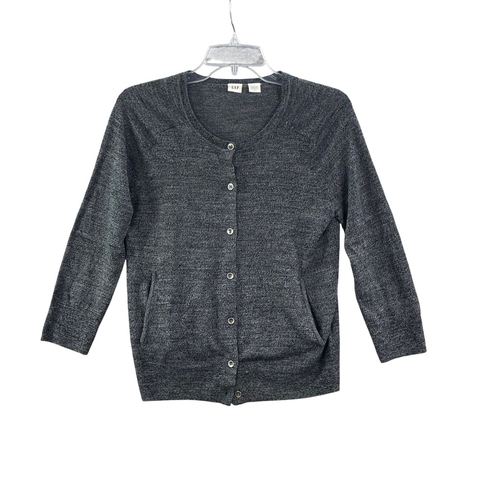 Gap Cardigan Sweater Womens Medium Gray Merino Wool Button Front 3/4 Sleeve Knit